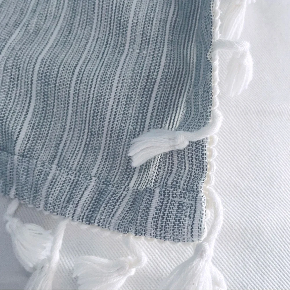 Boho Fringe tassel woven Gray and white stripes Tablecloth or throw blanket